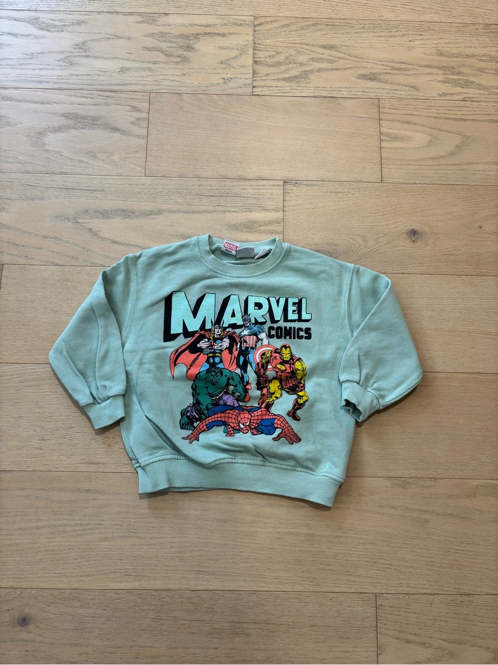 Zara toddler mint color marvel comics graphics sweatshirt, size 3T